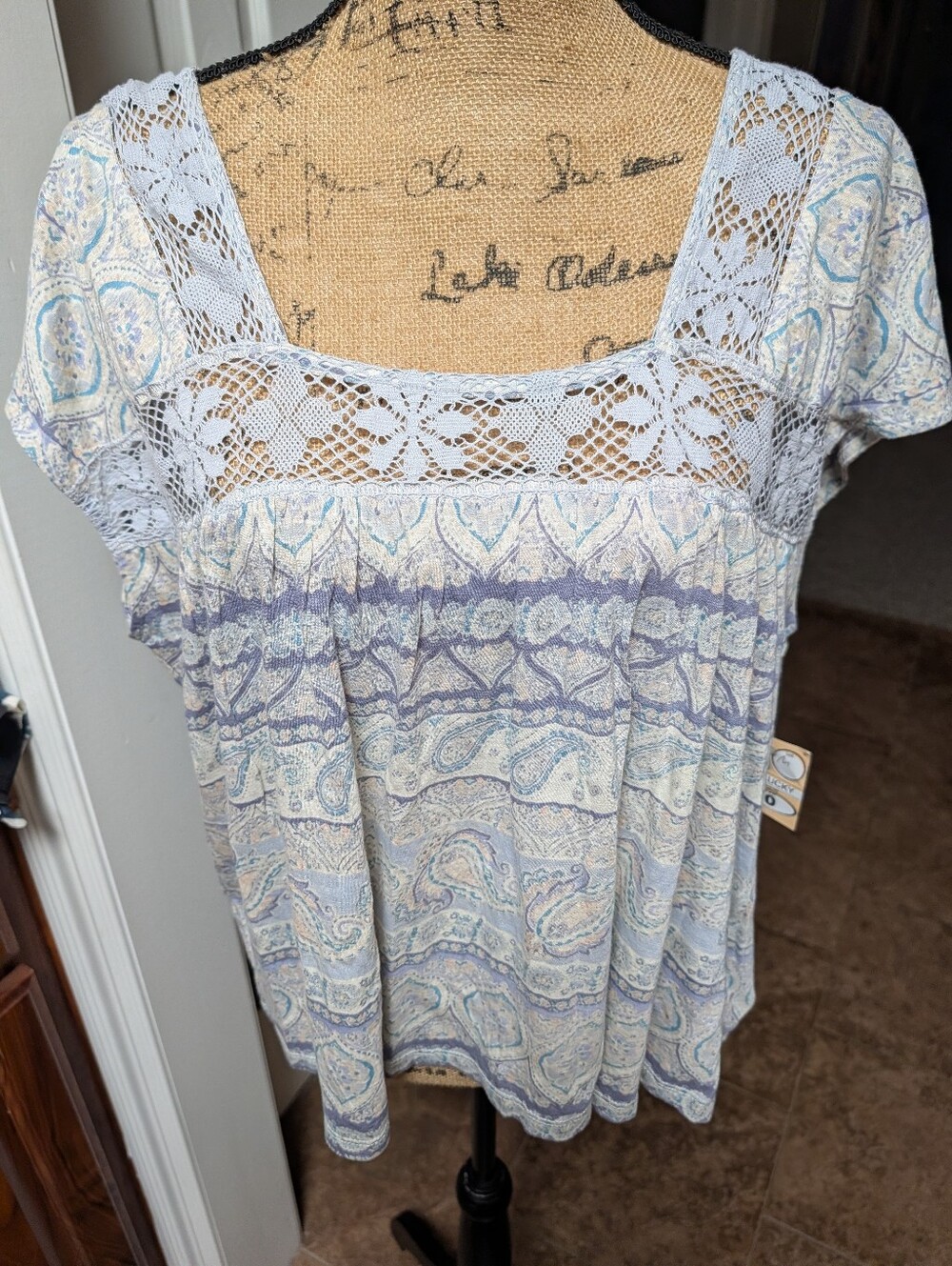 Lucky Brand Light Blue Paisley Crochet-Trim Short Sleeve Top